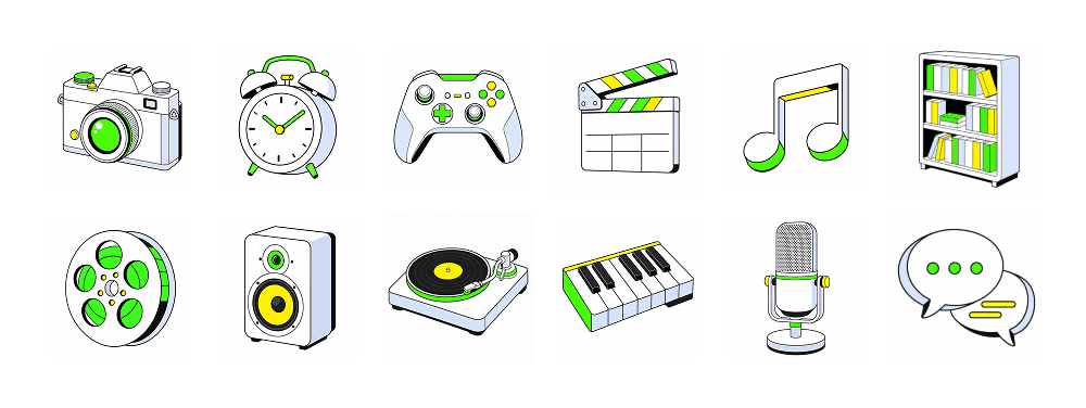 Twelve consistent Linepop-style icons generated from one Waterlemon prompt